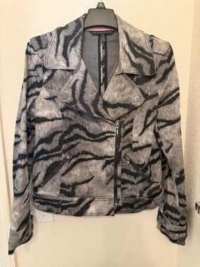 White House Black Market Grey and Black Zebra-Print Moto Jacket